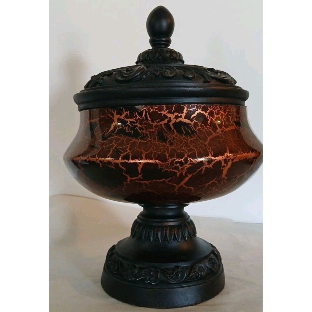 Vintage Hobby Lobby 8"in Crackle Glass Bowl/Lid Wood Base Copper/Orange Black